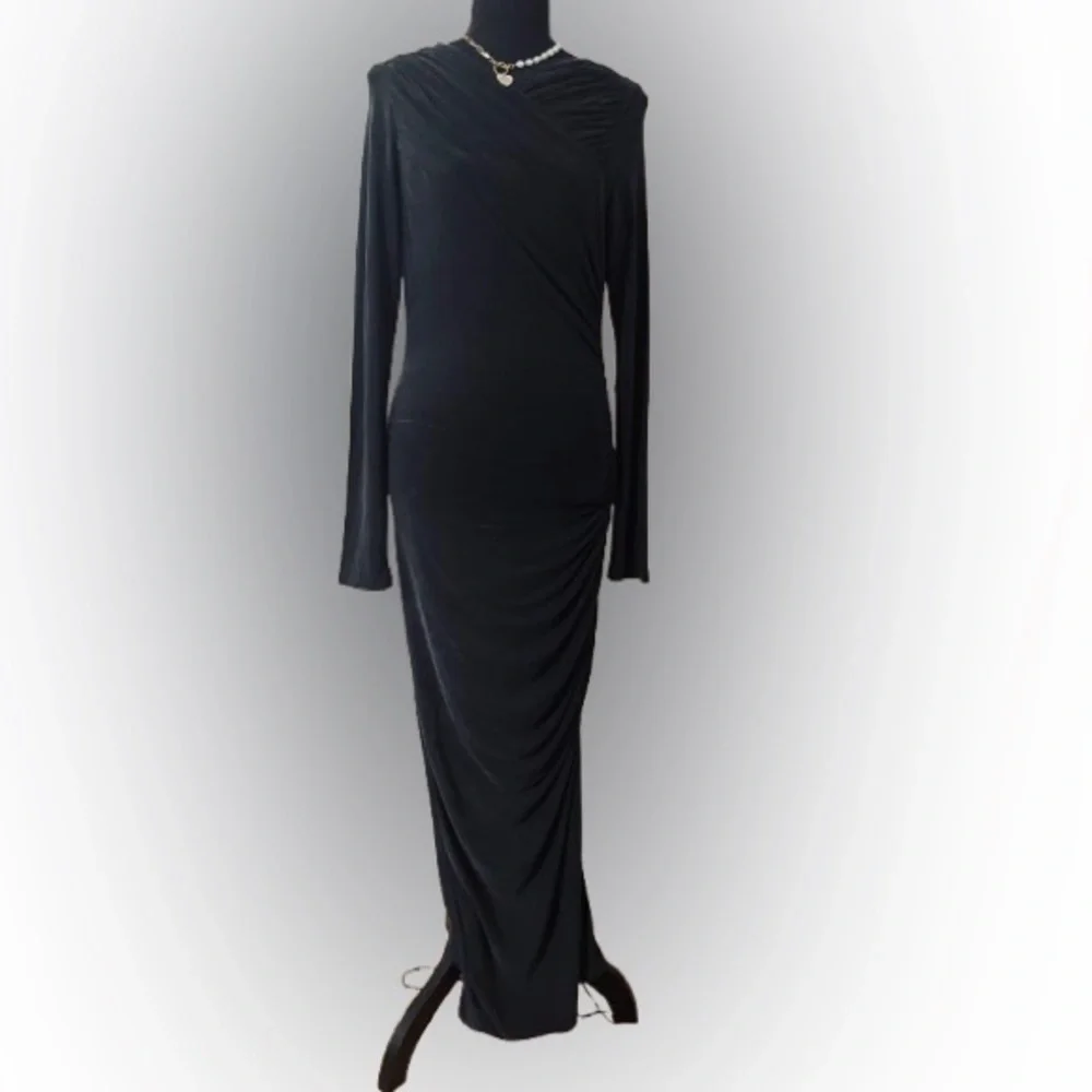🆕 All Saints Hanako Long Sleeve Ruched Dark Gray Asymmetrical Dress 8UK (4US) - Picture 2 of 16